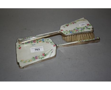 Silver and enamel mirror with matching brush 