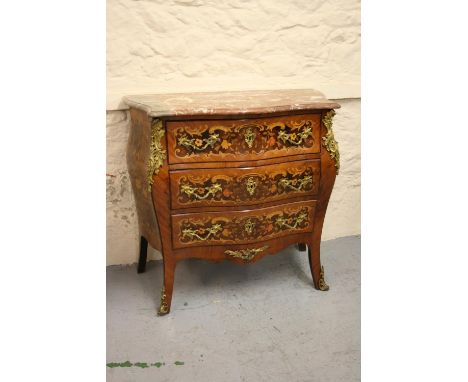 Late 19th / early 20th Century French floral marquetry inlaid Kingwood and ormolu mounted commode with a rouge marble top abo