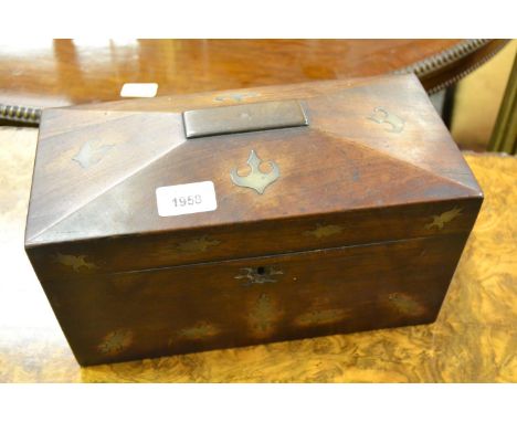 19th Century rosewood brass inlaid sarcophagus shaped tea caddy (for restoration) 