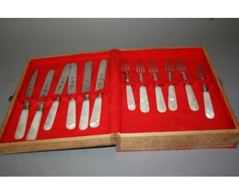 Cased set of six silver plated and mother of pearl dessert knives and forks 
