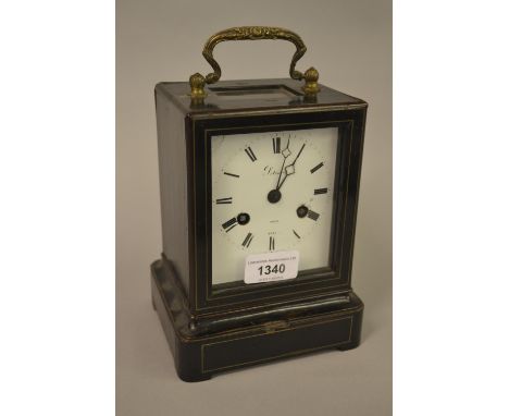 19th Century French ebonised two train carriage clock, the enamel dial, signed Potorie, Paris, No. 4245 (the dial with damage