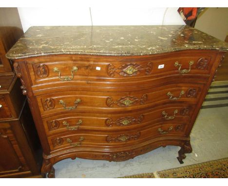 19th Century French walnut serpentine fronted commode chest, the marble top above four long drawers, raised on carbed cabriol