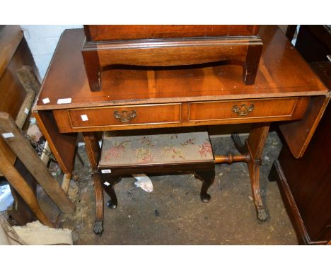 Reproduction yew wood drop-leaf sofa table together with a similar standing corner cabinet 