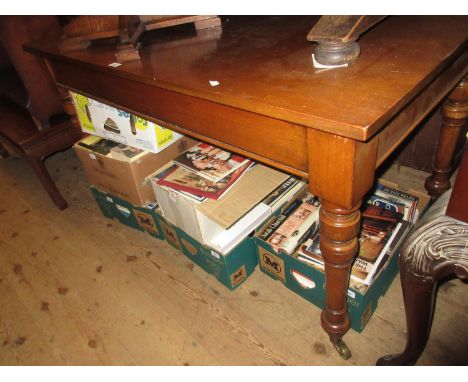 Victorian rectangular mahogany kitchen table on turned tapering supports with brass casters 