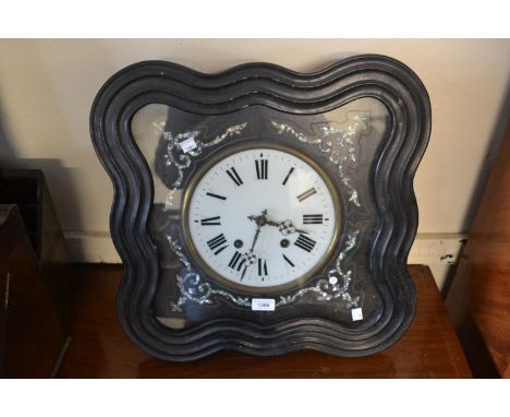 19th Century French ebonised vineyard clock, the square shaped moulded case enclosing an ebonised and mother of pearl inlaid 