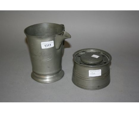 Victorian pewter quart mug engraved ' The Golden Fleece ', together with a circular inkwell with hinged cover 