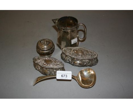 Small George III silver spice pot (at fault), two embossed silver trinket boxes, an octagonal London silver jug and a Sheffie