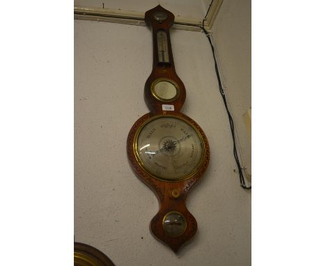 Mahogany and inlaid banjo shaped wheel barometer / thermometer by Solca, East Grinstead 