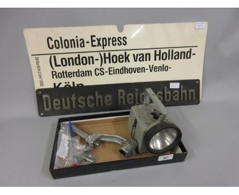 Gresham &amp; Craven locomotive driving handle, a guard's key, two enamel badges, British Railway's lantern and two German ra