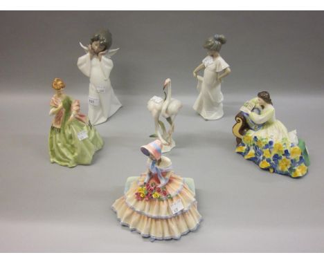 Lladro figure of a girl angel, together with a Nao figure of a girl, a German porcelain group of flamingos, Royal Doulton fig