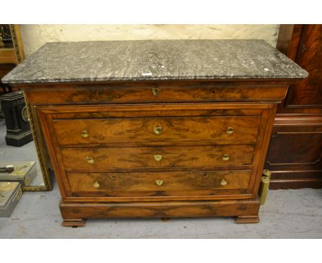 19th Century Continental walnut commode having grey flecked marble top above a single frieze drawer and three further drawers