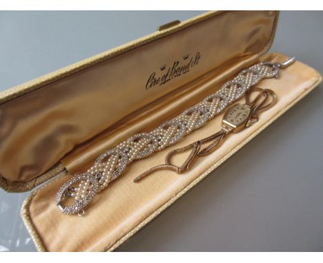 Ladies 9ct gold cased wristwatch with 9ct gold bracelet together with a paste and simulated pearl woven design bracelet 