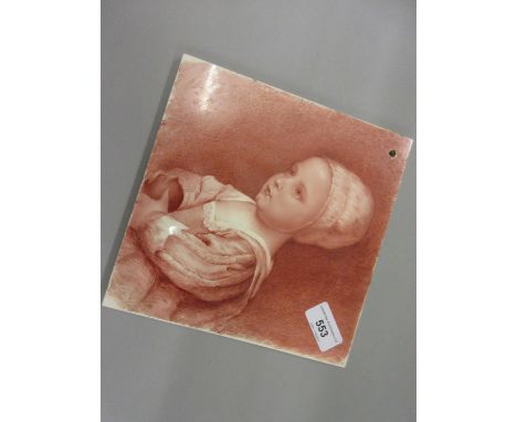19th Century Mintons tile decorated with a portrait of a girl in pink 