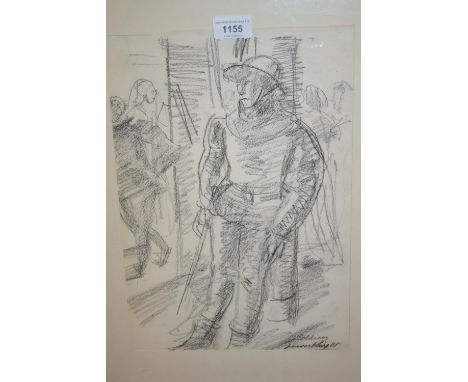 Dame Laura Knight, charcoal sketch study of soldiers, signed, 14ins x 9.5ins, framed 