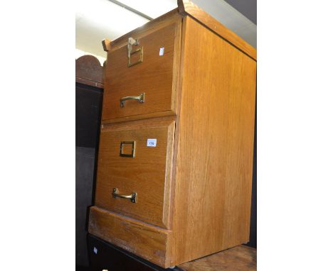 Small light oak two drawer filing cabinet with brass mounts together with a mahogany D-shaped side table 