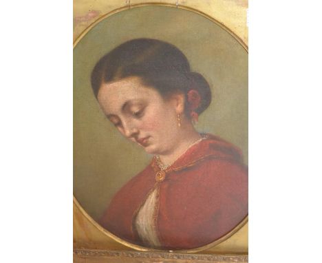 19th Century oil on canvas,oval mounted head and shoulder portrait of a lady in a red cloak, 15ins x 12ins, gilt framed 