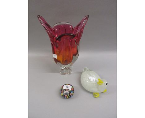 Murano glass millefiori paperweight, Murano type glass vase and a glass figure of a duck 