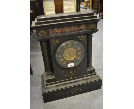 Unusual 19th Century French black slate mantel clock, the large architectural case decorated with relief work, classical frie
