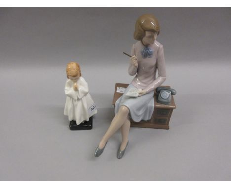 Royal Doulton figure, ' Bedtime ' together with a Nao figure of a lady seated on a desk 