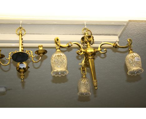 Good quality gilt brass three branch hanging chandelier with clear cut glass shades, a smaller three branch chandelier with w