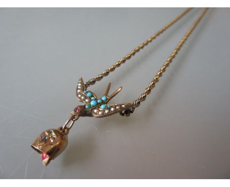 Victorian 9ct gold turquoise and seed pearl inset swallow pendant necklace 