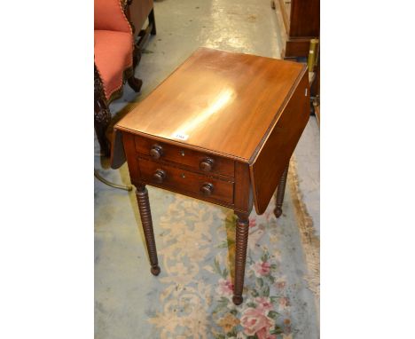 Small 19th Century mahogany rectangular drop-leaf Pembroke type work table on bobbin turned supports 