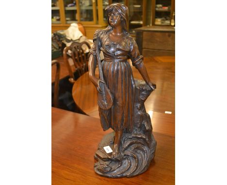 19th Century dark patinated bronzed figure of a woman playing a lute on a naturalistic base, 21ins high 