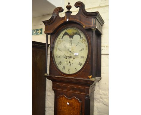 Unusual George III oak and mahogany crossbanded longcase clock, the swan neck pediment above an oval glazed door and oval dia