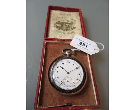 Zenith Swiss silver cased open face crown wind pocket watch, Niello decorated with a portrait, the enamel dial with Roman and