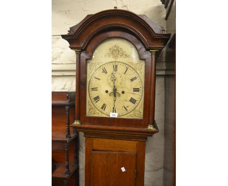 George III oak longcase clock, the arched hood above a rectangular shell inlaid panel door and plinth base, the painted ename