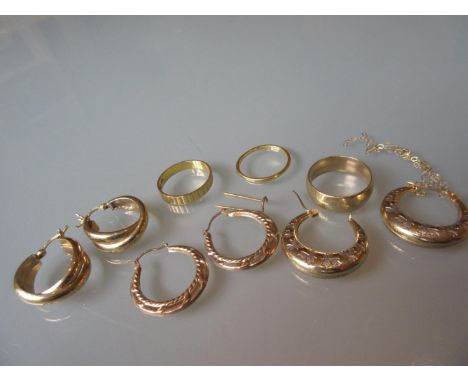 Two 22ct gold wedding bands, 9ct gold wedding band, two pairs of 9ct gold earrings, a pair of unmarked yellow metal earrings 