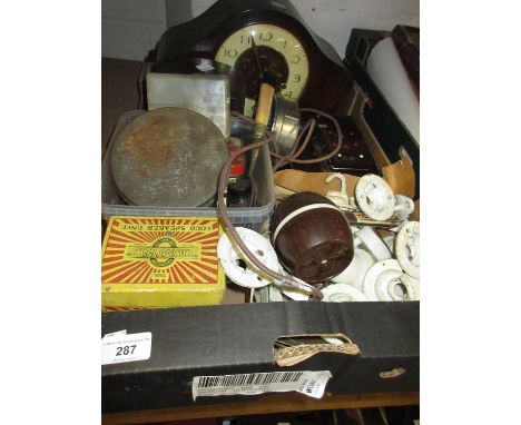 Box containing a quantity of Bakelite and ceramic 1930's fittings, Bakelite Ferranti mantel clock and an oak cased mantel clo