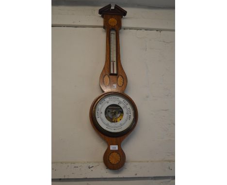 Edwardian mahogany chequer and shell inlaid aneroid barometer thermometer 