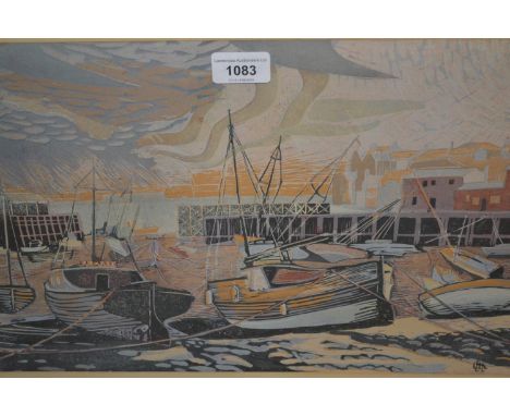 Framed lino cut print, boats in a harbour at low tide, monogrammed, 10.5ins x 17ins 