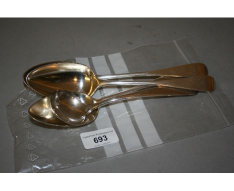 Set of three Scottish silver Old English pattern tablespoons and a similar sauce ladle 