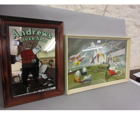 Reproduction Andrews Liver Salt advertising mirror in pine frame and a framed surrealist print 