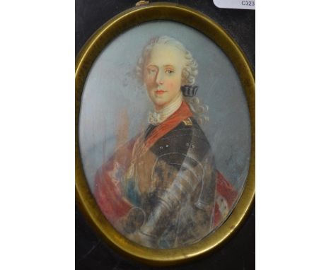 Late 19th Century oval portrait miniature on ivory of Bonnie Prince Charlie (with water damage), signed Dupres, 3.75ins x 2.5