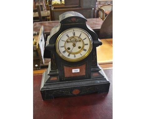 Large 19th Century black slate and rouge marble mantel clock, the architectural case enclosing an enamel dial with Roman nume