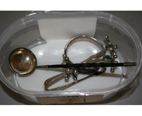 Early Victorian silver toddy ladle with whale bone handle, pair of plated knife rests, pair of plated sugar tongs and a silve