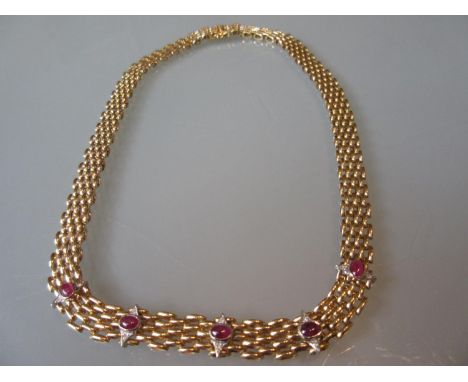 18ct Yellow gold necklet set with cabochon rubies and diamonds 