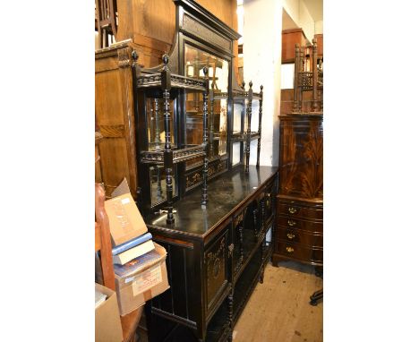 Late 19th Century ebonised gilded and walnut inlaid chiffonier with a mirrored and shelf back above alcoves and two panelled 