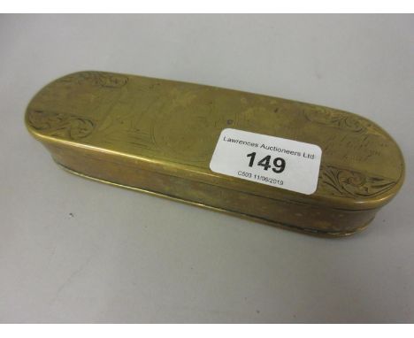 Antique Dutch brass tobacco / snuff box inscribed and decorated with profile portrait of Prince William surrounded by cupids 