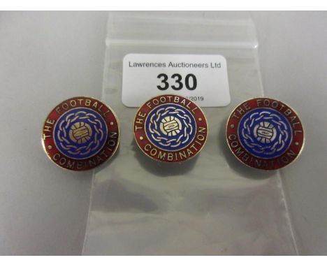 Three circular enamel football combination button hole badges 