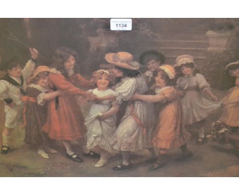 Two maple framed lithographic prints, together with a gilt framed lithograph print, mother and child 