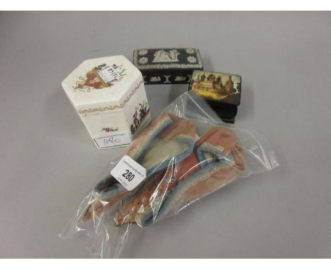 Pair of Chinese silk embroidered slippers, small Russian trinket box, a Wedgwood trinket box and a Royal Worcester hexagonal 