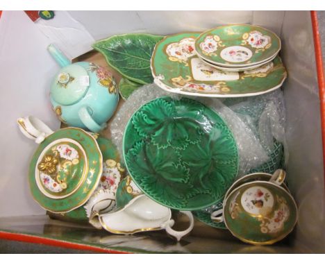 19th Century green teaset together with a quantity of Green Leaf pattern plates and a teapot 