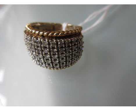 9ct Yellow gold ring set five rows of brilliant cut diamonds 