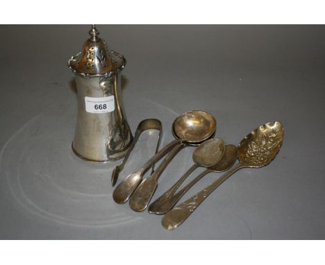 London silver circular sugar caster of waisted form, makers mark G.H., together with a pair of Georgian London silver ladles,