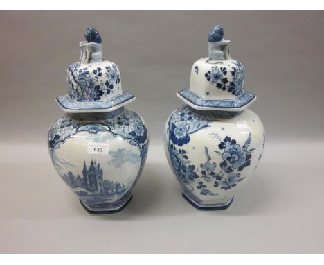 Pair of large early 20th Century Delftware jars with covers 