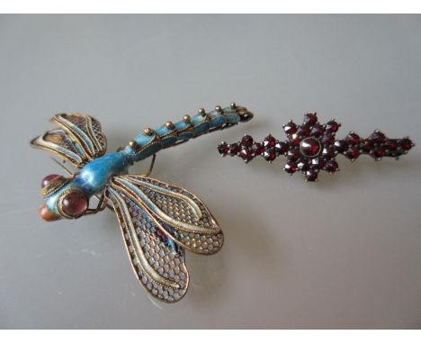 Unusual Continental silver gilt and enamel brooch in the form of a dragonfly with articulated body, together with a simulated